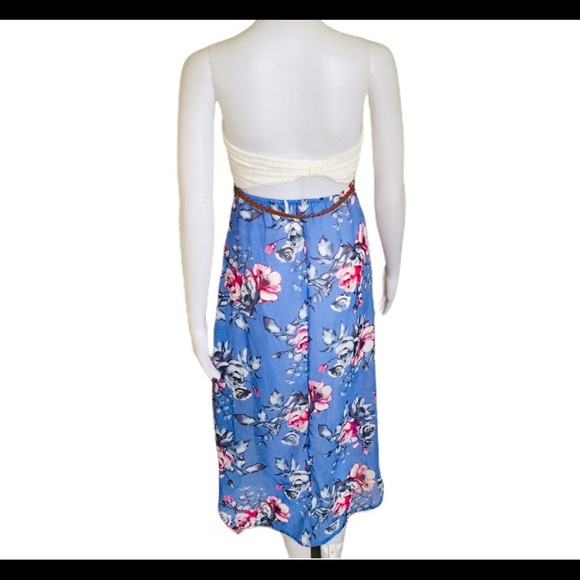 ARDENE Floral Hi Lo Fit Dress With Lace Front & Belted Detailing Blue Size Small - Picture 3 of 10